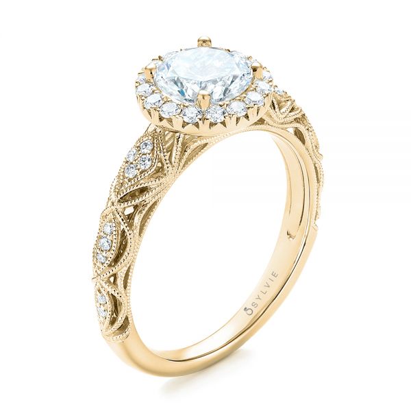 18k Yellow Gold 18k Yellow Gold Halo Diamond Engagement Ring - Three-Quarter View -  103899