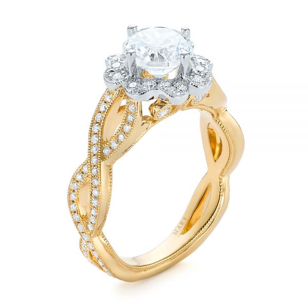 18k Yellow Gold And Platinum 18k Yellow Gold And Platinum Halo Diamond Engagement Ring - Three-Quarter View -  104014