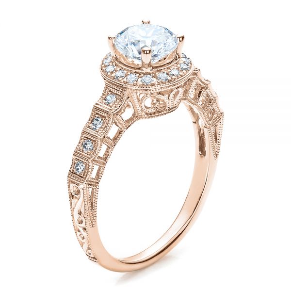 14k Rose Gold 14k Rose Gold Halo Filigree Engagement Ring - Vanna K - Three-Quarter View - 100101