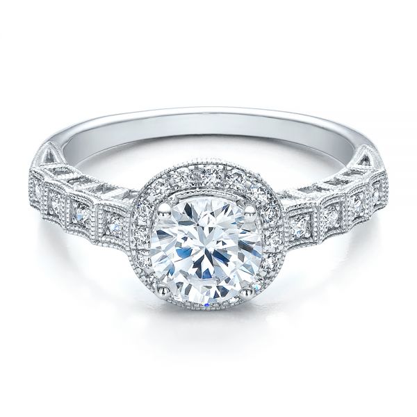 14k White Gold 14k White Gold Halo Filigree Engagement Ring - Vanna K - Flat View -  100101