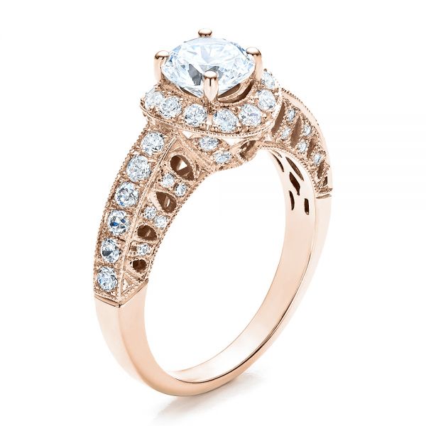 14k Rose Gold 14k Rose Gold Halo Filigree Milgrain Engagement Ring - Vanna K - Three-Quarter View -  100097