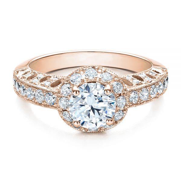 18k Rose Gold 18k Rose Gold Halo Filigree Milgrain Engagement Ring - Vanna K - Flat View -  100097