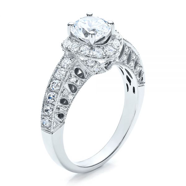 18k White Gold Halo Filigree Milgrain Engagement Ring - Vanna K - Three-Quarter View -  100097