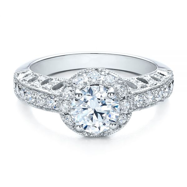 18k White Gold Halo Filigree Milgrain Engagement Ring - Vanna K - Flat View -  100097