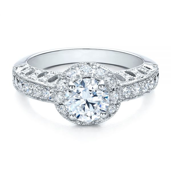 18k White Gold Halo Filigree Milgrain Engagement Ring - Vanna K - Flat View - 100097