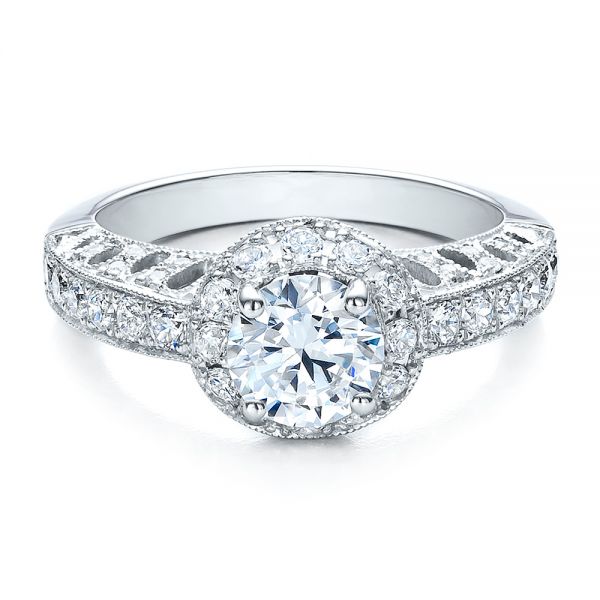 14k White Gold 14k White Gold Halo Filigree Milgrain Engagement Ring - Vanna K - Flat View -  100097