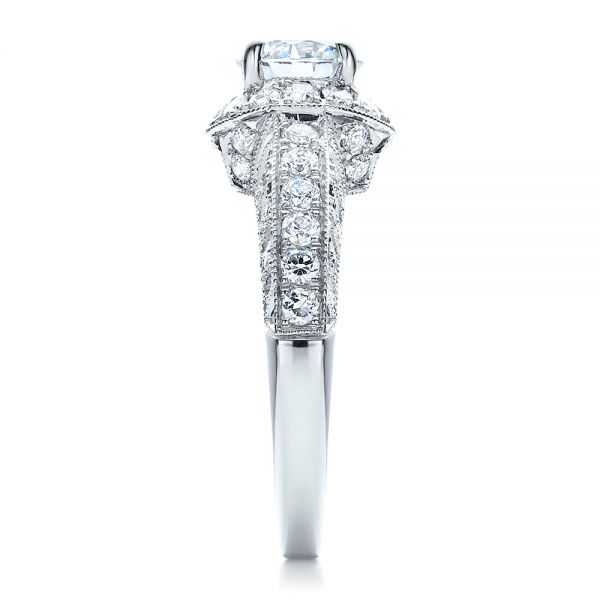 18k White Gold Halo Filigree Milgrain Engagement Ring - Vanna K - Side View -  100097