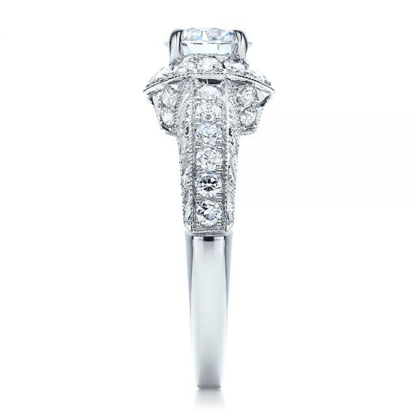 18k White Gold Halo Filigree Milgrain Engagement Ring - Vanna K - Side View - 100097