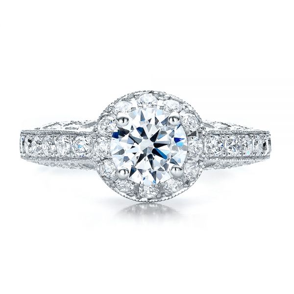18k White Gold Halo Filigree Milgrain Engagement Ring - Vanna K - Top View -  100097