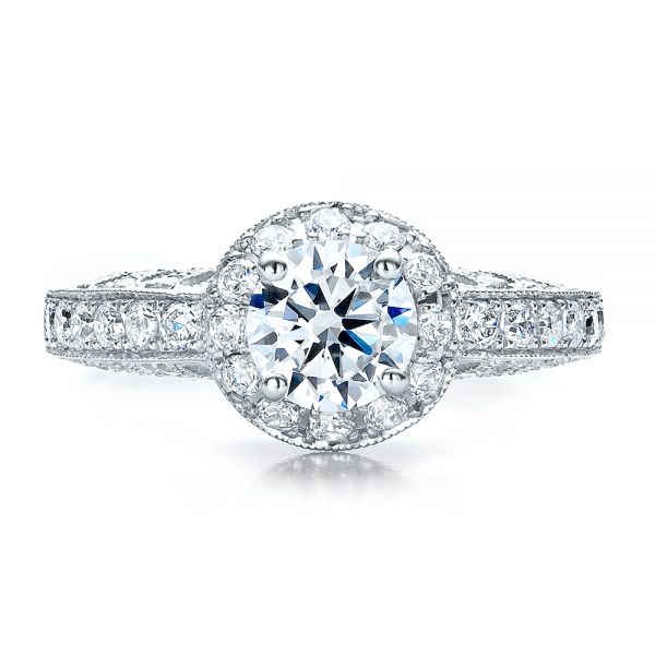 18k White Gold Halo Filigree Milgrain Engagement Ring - Vanna K - Top View - 100097