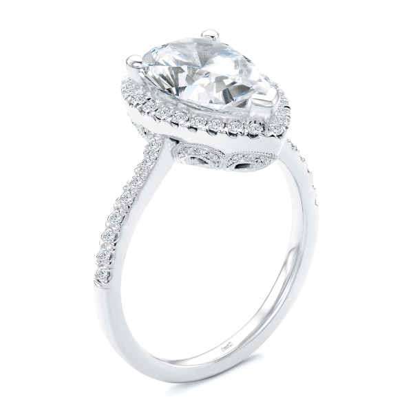 14k White Gold Halo and Filigree Pear Shape Diamond Engagement Ring - Three-Quarter View - 108175