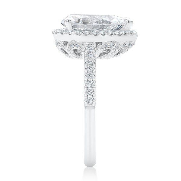 14k White Gold Halo and Filigree Pear Shape Diamond Engagement Ring - Side View - 108175