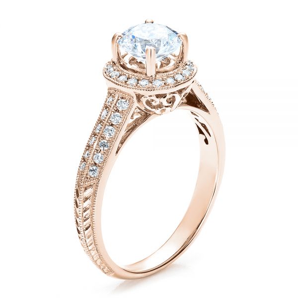 14k Rose Gold 14k Rose Gold Halo Hand Engraved Pave Engagement Ring - Vanna K - Three-Quarter View -  100076