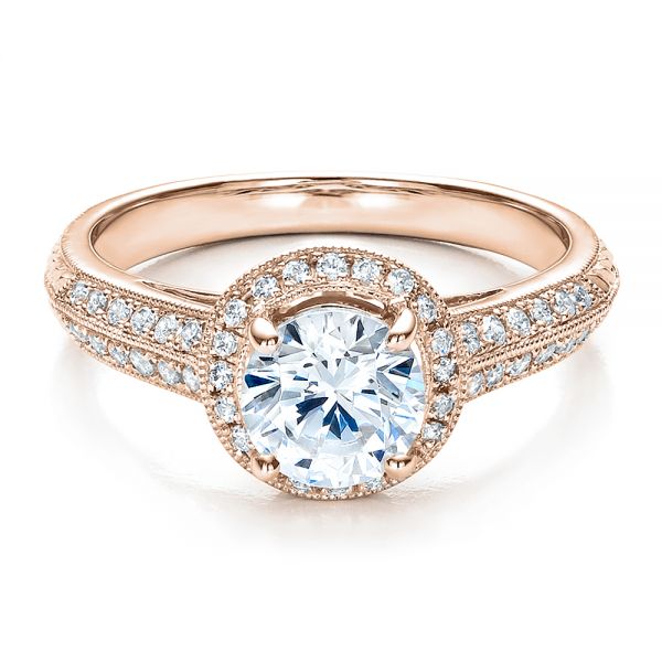 14k Rose Gold 14k Rose Gold Halo Hand Engraved Pave Engagement Ring - Vanna K - Flat View -  100076