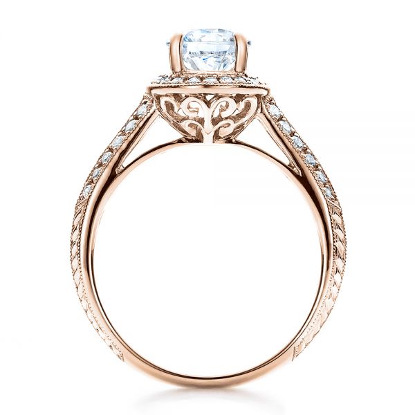 14k Rose Gold 14k Rose Gold Halo Hand Engraved Pave Engagement Ring - Vanna K - Front View -  100076