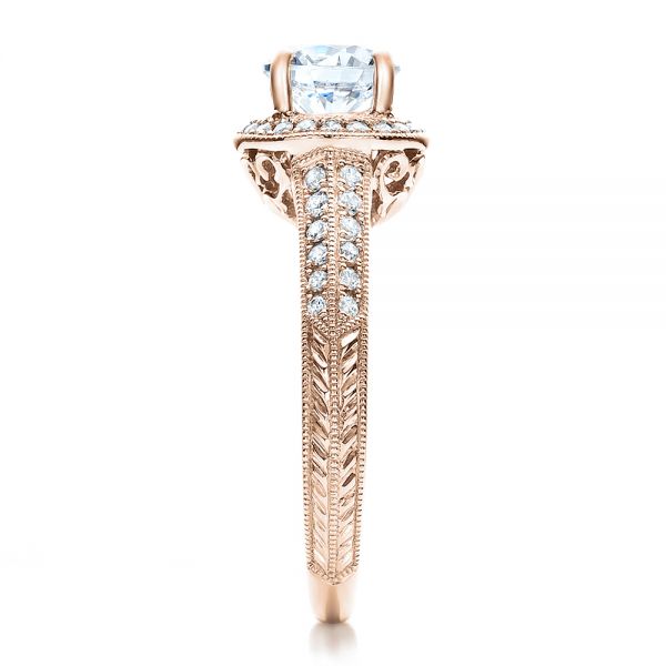 18k Rose Gold 18k Rose Gold Halo Hand Engraved Pave Engagement Ring - Vanna K - Side View -  100076