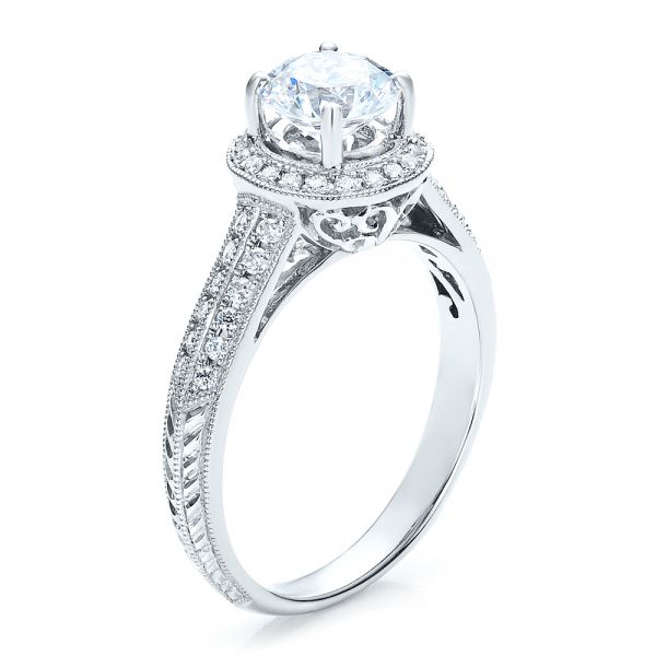18k White Gold Halo Hand Engraved Pave Engagement Ring - Vanna K - Three-Quarter View -  100076
