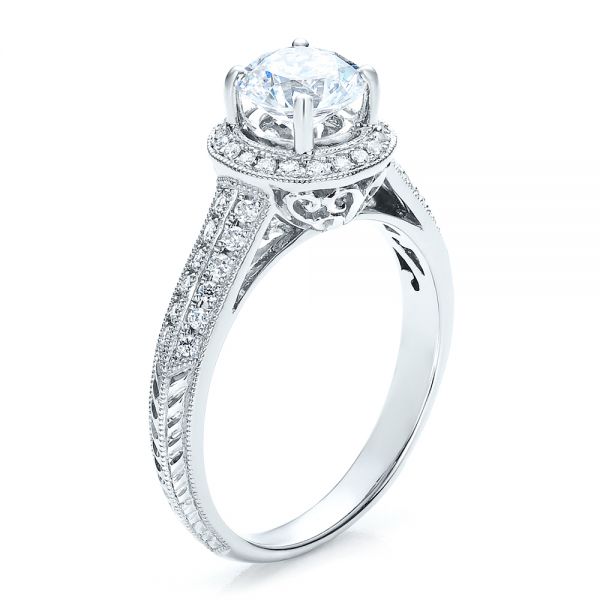 18k White Gold Halo Hand Engraved Pave Engagement Ring - Vanna K - Three-Quarter View -  100076