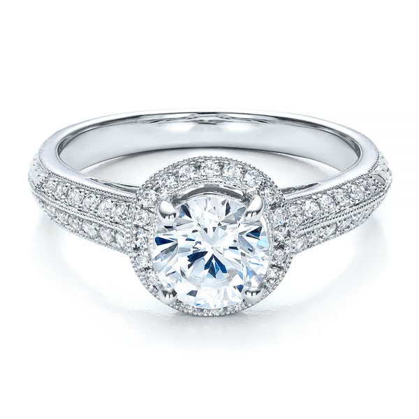  Platinum Platinum Halo Hand Engraved Pave Engagement Ring - Vanna K - Flat View -  100076