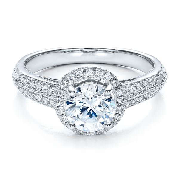 18k White Gold Halo Hand Engraved Pave Engagement Ring - Vanna K - Flat View -  100076