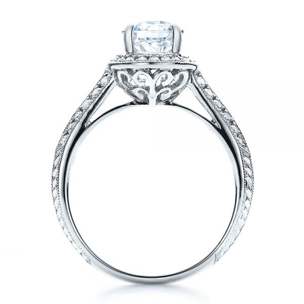 18k White Gold Halo Hand Engraved Pave Engagement Ring - Vanna K - Front View -  100076