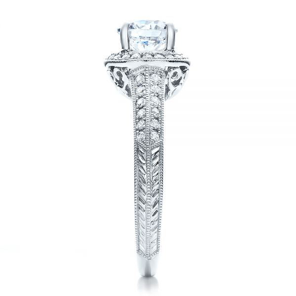 18k White Gold Halo Hand Engraved Pave Engagement Ring - Vanna K - Side View -  100076