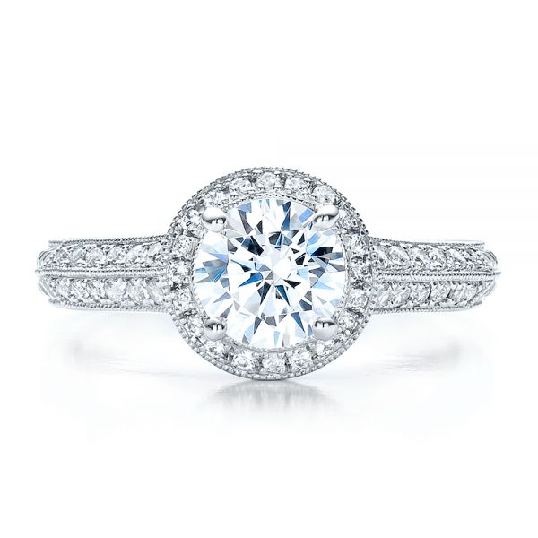 18k White Gold Halo Hand Engraved Pave Engagement Ring - Vanna K - Top View -  100076
