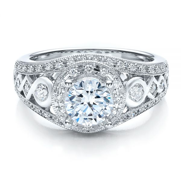 14k White Gold 14k White Gold Halo Prong Set Engagement Ring - Vanna K - Flat View -  100065