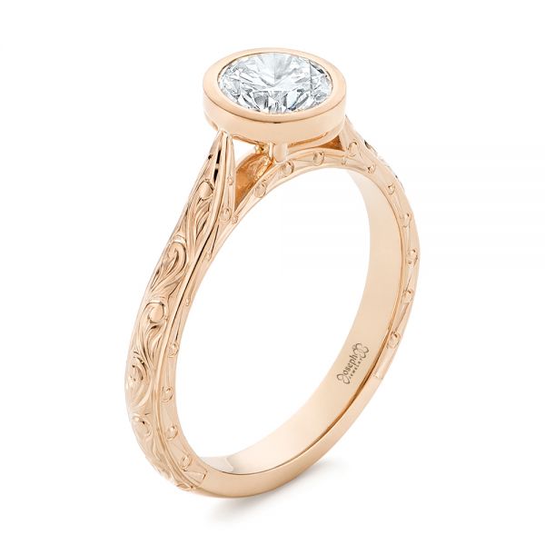 18k Rose Gold 18k Rose Gold Hand Engraved Bezel Solitaire Diamond Engagement Ring - Three-Quarter View - 105297