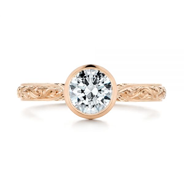 18k Rose Gold 18k Rose Gold Hand Engraved Bezel Solitaire Diamond Engagement Ring - Top View -  105297