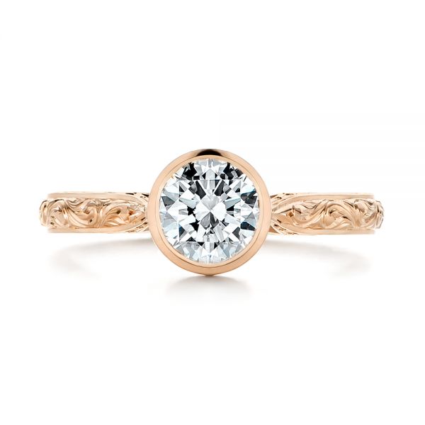 18k Rose Gold 18k Rose Gold Hand Engraved Bezel Solitaire Diamond Engagement Ring - Top View - 105297