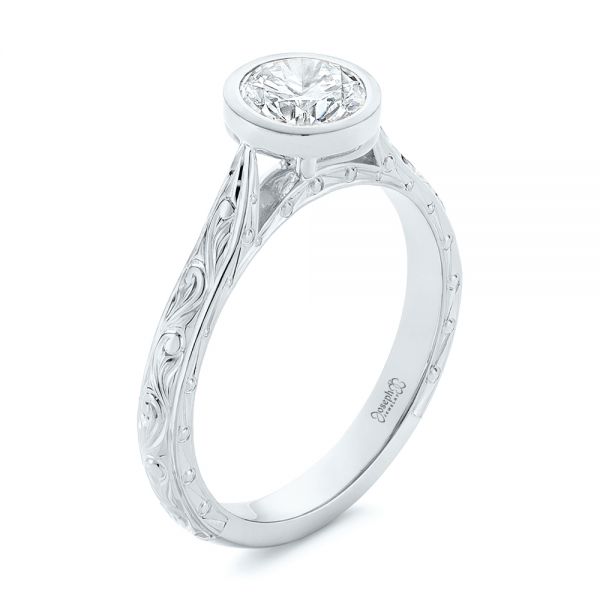 14k White Gold 14k White Gold Hand Engraved Bezel Solitaire Diamond Engagement Ring - Three-Quarter View -  105297