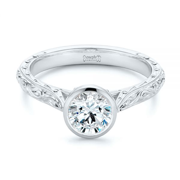 18k White Gold 18k White Gold Hand Engraved Bezel Solitaire Diamond Engagement Ring - Flat View -  105297