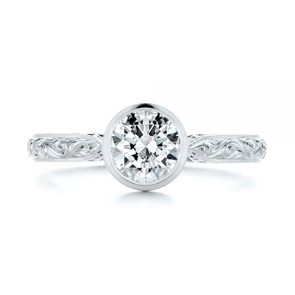 18k White Gold 18k White Gold Hand Engraved Bezel Solitaire Diamond Engagement Ring - Top View -  105297