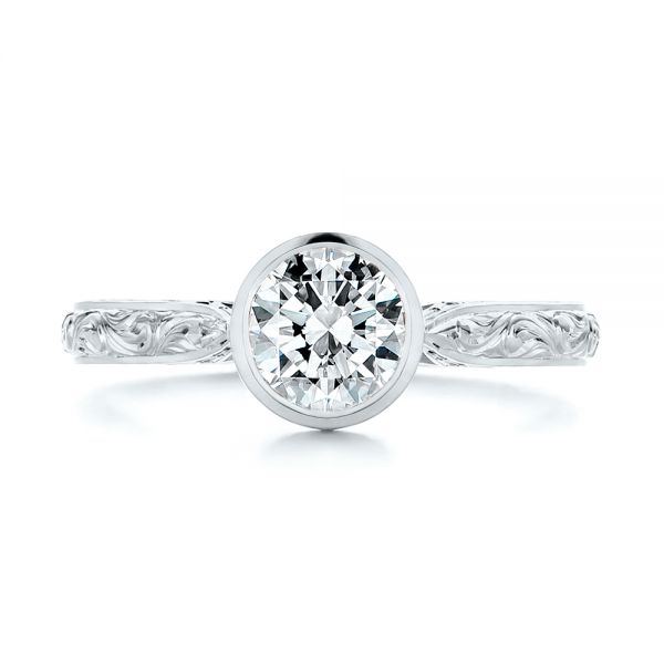 Platinum Platinum Hand Engraved Bezel Solitaire Diamond Engagement Ring - Top View - 105297