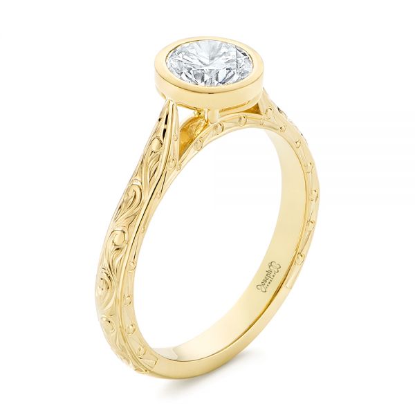 18k Yellow Gold Hand Engraved Bezel Solitaire Diamond Engagement Ring - Three-Quarter View -  105297