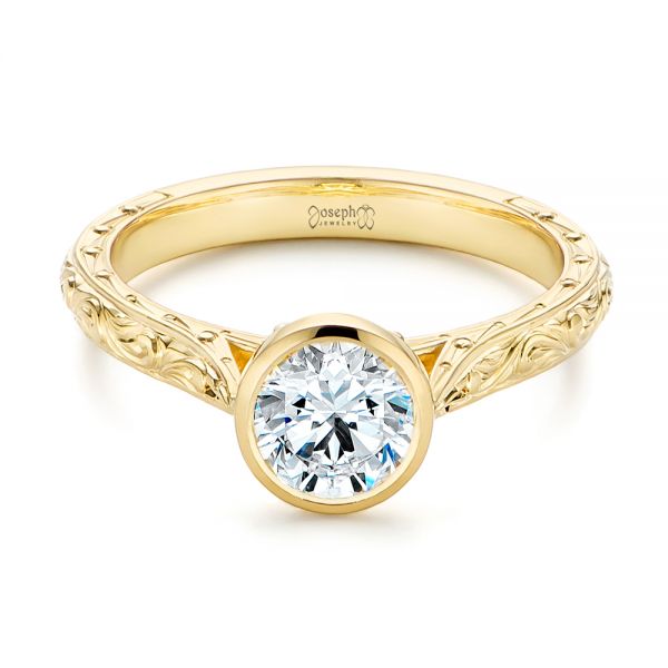 18k Yellow Gold Hand Engraved Bezel Solitaire Diamond Engagement Ring - Flat View - 105297