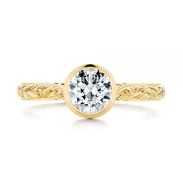 18k Yellow Gold Hand Engraved Bezel Solitaire Diamond Engagement Ring - Top View - 105297