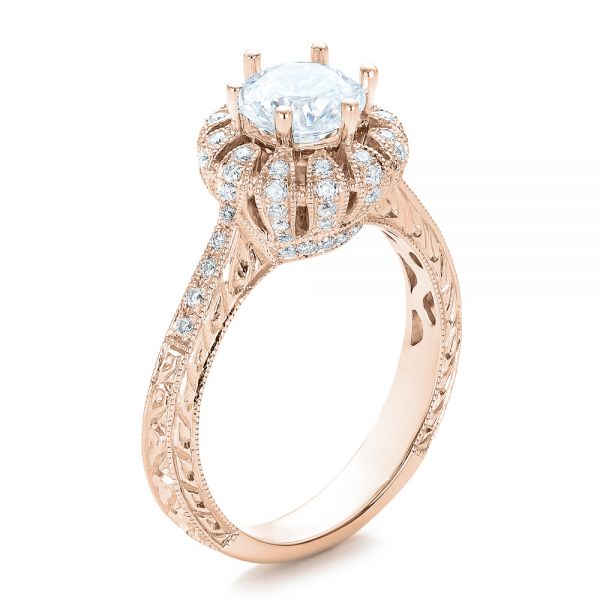 18k Rose Gold 18k Rose Gold Hand Engraved Crown Halo Diamond Engagement Ring - Vanna K - Three-Quarter View - 100488