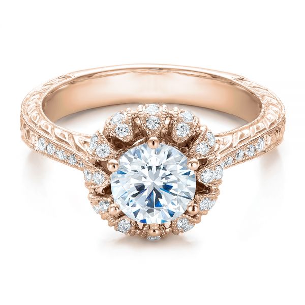 18k Rose Gold 18k Rose Gold Hand Engraved Crown Halo Diamond Engagement Ring - Vanna K - Flat View -  100488