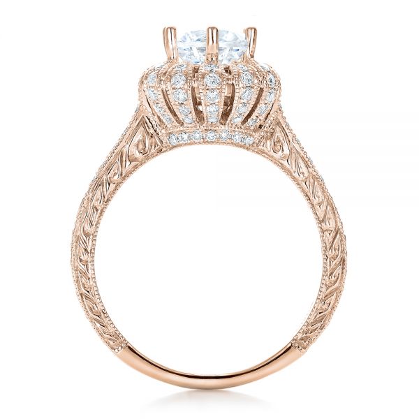 18k Rose Gold 18k Rose Gold Hand Engraved Crown Halo Diamond Engagement Ring - Vanna K - Front View - 100488