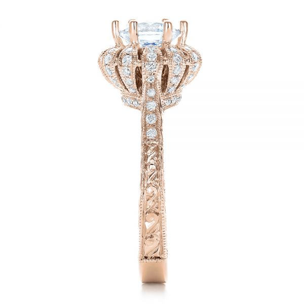 18k Rose Gold 18k Rose Gold Hand Engraved Crown Halo Diamond Engagement Ring - Vanna K - Side View -  100488