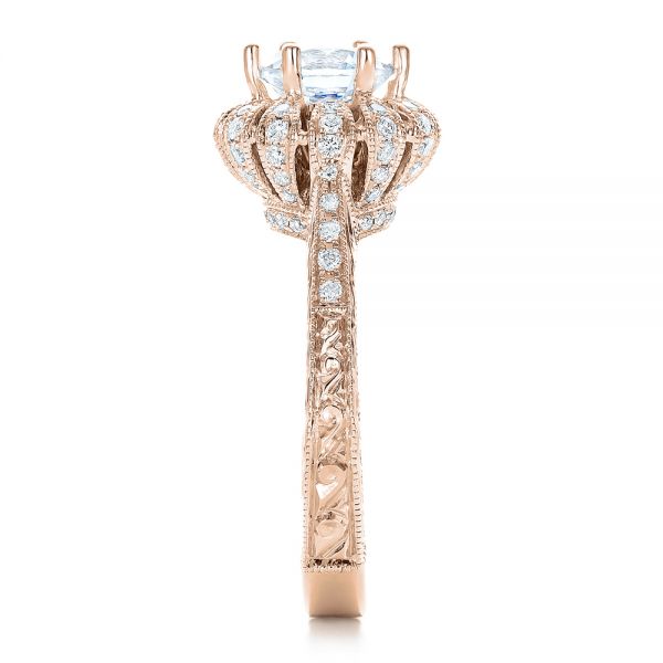 18k Rose Gold 18k Rose Gold Hand Engraved Crown Halo Diamond Engagement Ring - Vanna K - Side View - 100488