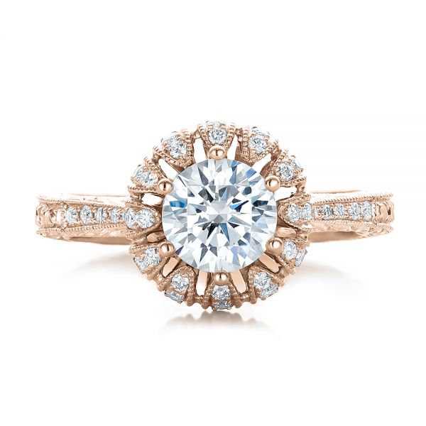 18k Rose Gold 18k Rose Gold Hand Engraved Crown Halo Diamond Engagement Ring - Vanna K - Top View -  100488
