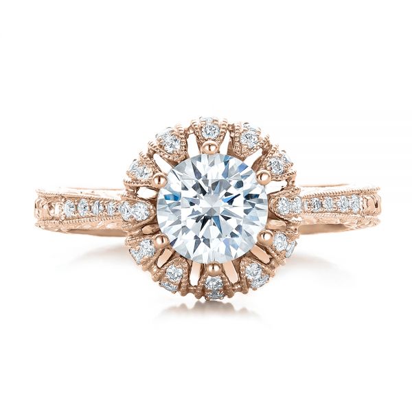 18k Rose Gold 18k Rose Gold Hand Engraved Crown Halo Diamond Engagement Ring - Vanna K - Top View - 100488