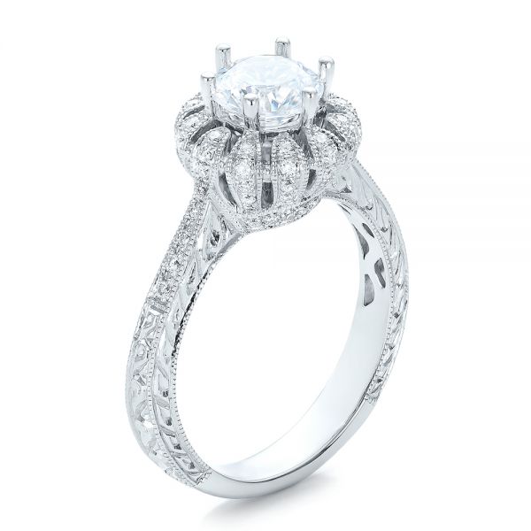 14k White Gold 14k White Gold Hand Engraved Crown Halo Diamond Engagement Ring - Vanna K - Three-Quarter View -  100488