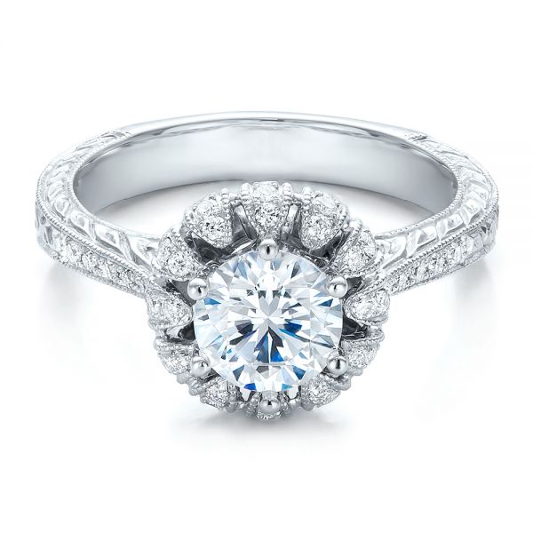 18k White Gold Hand Engraved Crown Halo Diamond Engagement Ring - Vanna K - Flat View -  100488