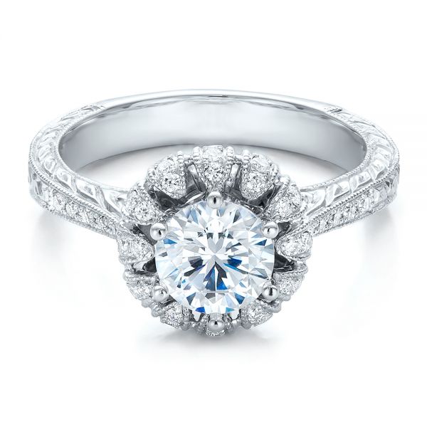 18k White Gold Hand Engraved Crown Halo Diamond Engagement Ring - Vanna K - Flat View - 100488