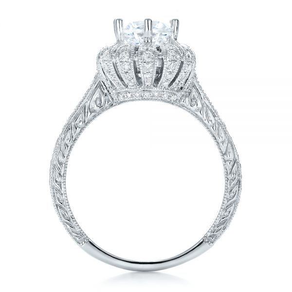 18k White Gold Hand Engraved Crown Halo Diamond Engagement Ring - Vanna K - Front View - 100488