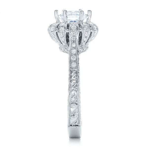 18k White Gold Hand Engraved Crown Halo Diamond Engagement Ring - Vanna K - Side View -  100488